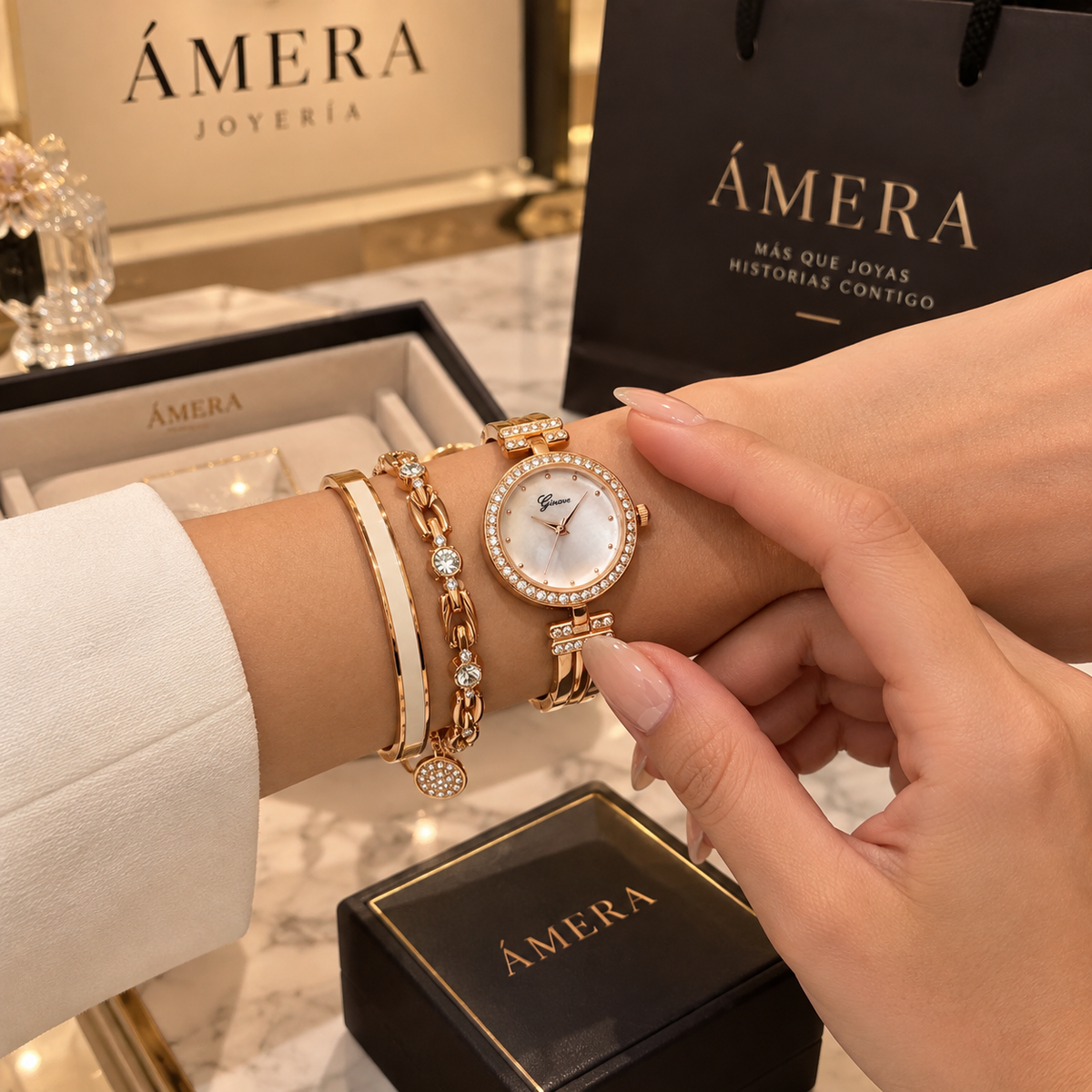 Set de Reloj de Cristal para Mujer con 3 Pulseras