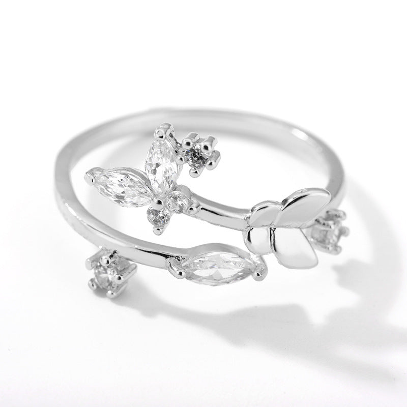 Anillo Ajustable de Zircón con Flor Fresca para Mujer