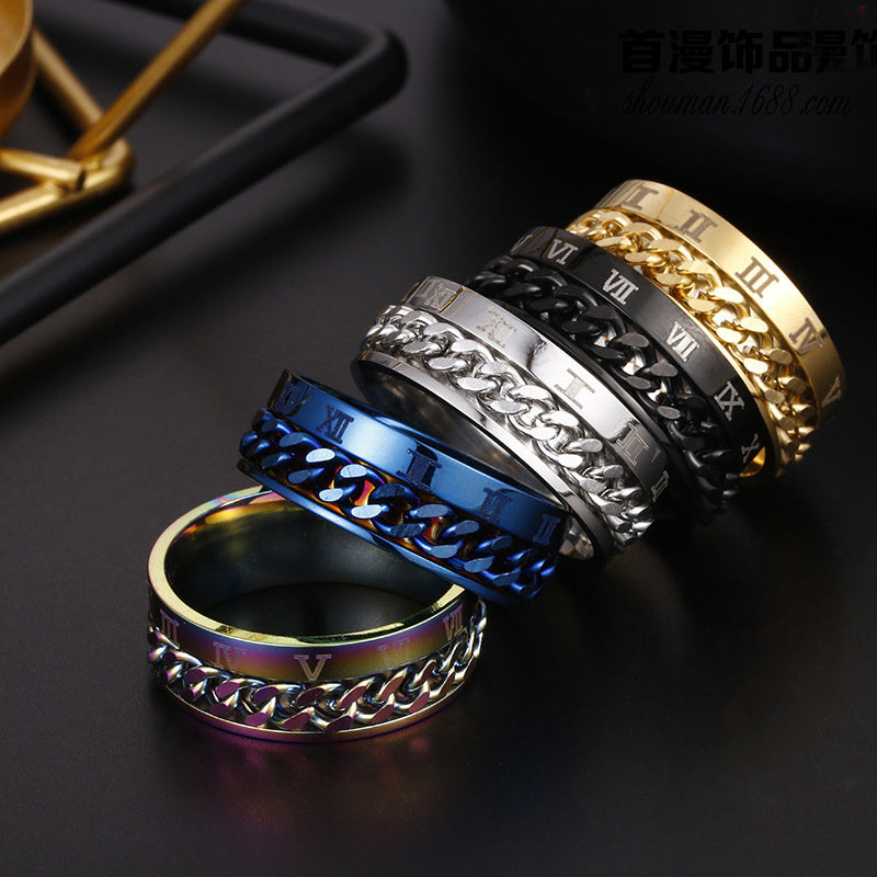 Anillos de Cadena con Letras Romanas para Hombres en Acero de Titanio