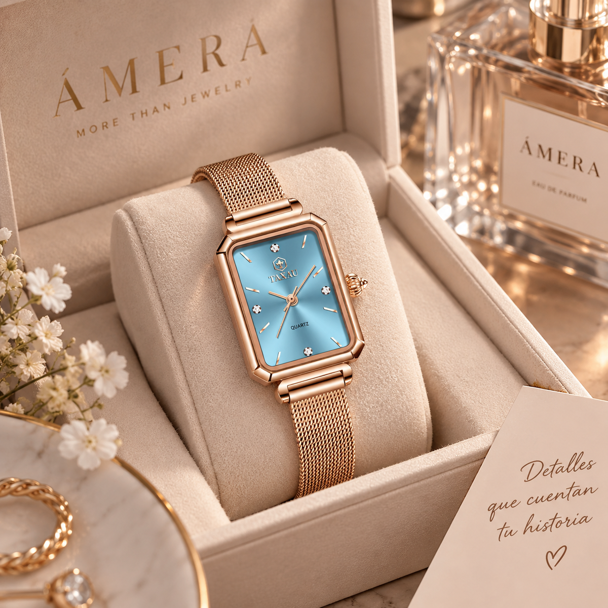 Taxau Reloj para Mujer Cuadrado de Lujo, Resistente al Agua, de Acero Inoxidable con Malla en Oro Rosa