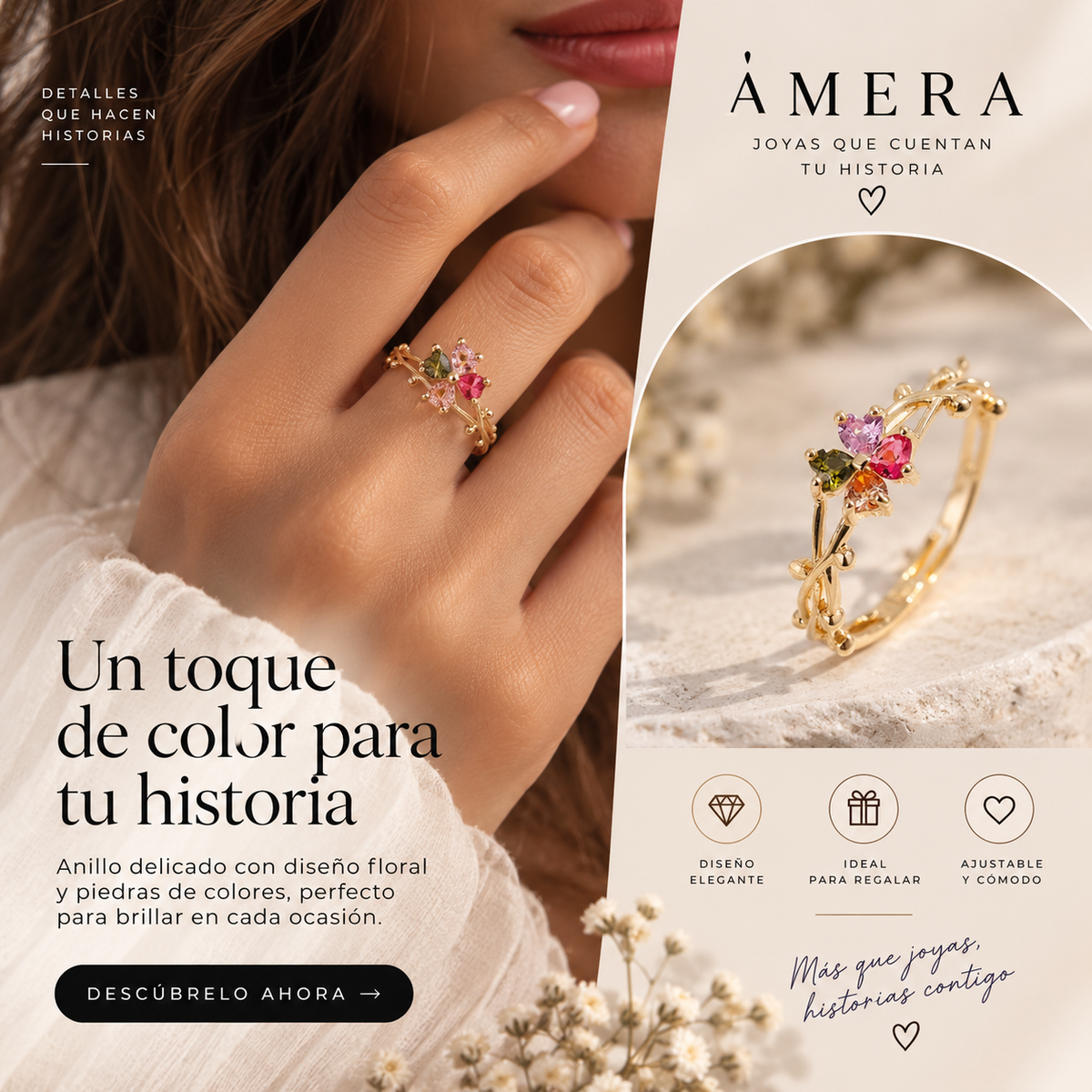 Anillo Ajustable de Flor al Estilo Coreano con Zirconia para Mujeres