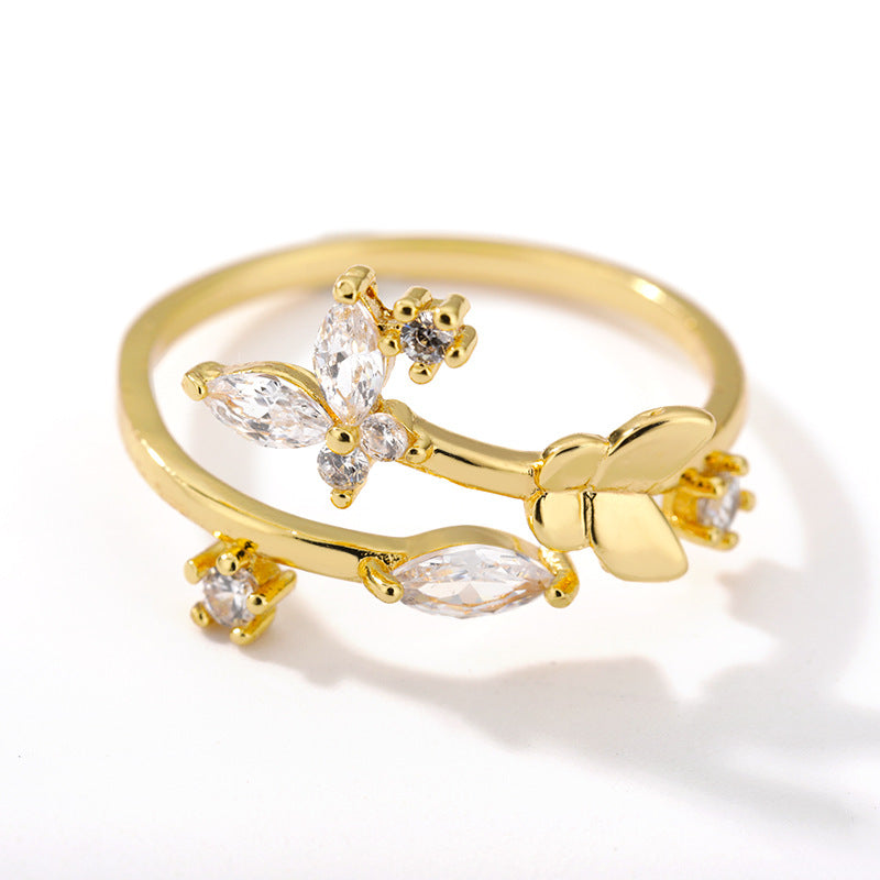 Anillo Ajustable de Zircón con Flor Fresca para Mujer