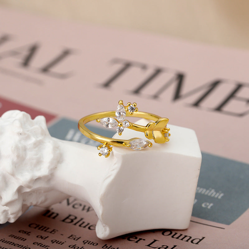 Anillo Ajustable de Zircón con Flor Fresca para Mujer