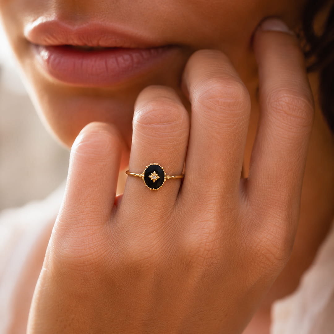 ANILLO ESTRELLA NOCTURNA DE ÁGATA NEGRA ⭐🖤