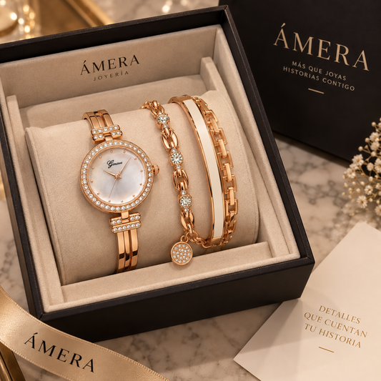 Set de Reloj de Cristal para Mujer con 3 Pulseras